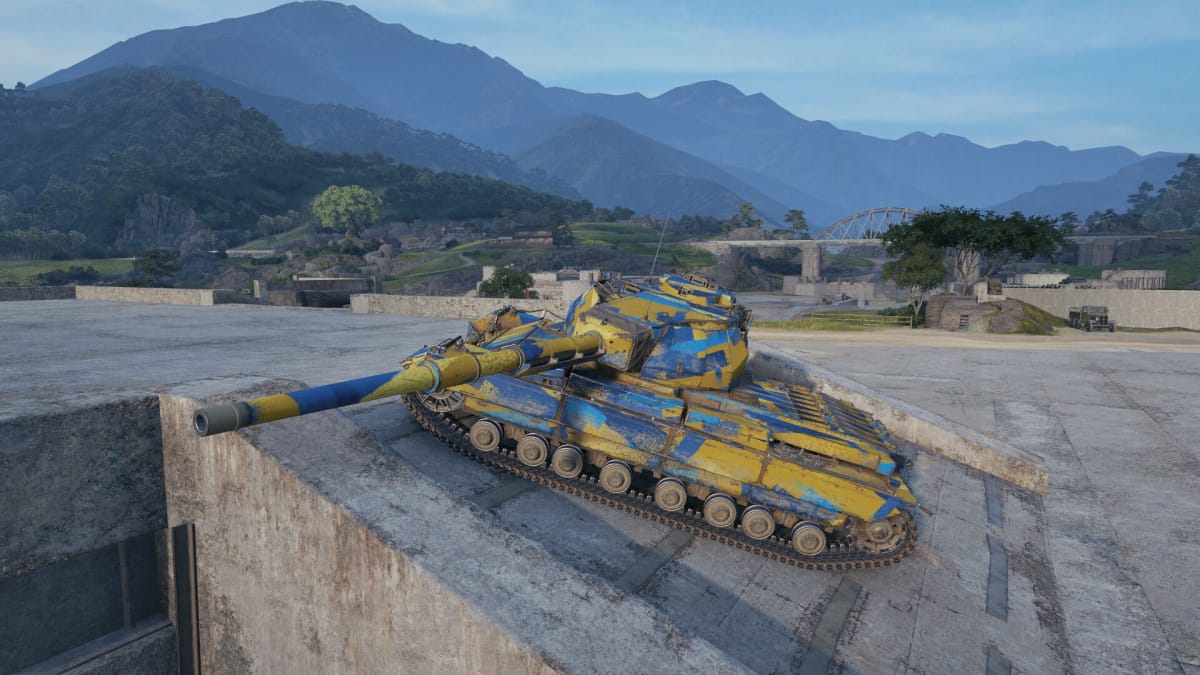 A tank with a Ukraine-themed paint job in World of Tanks, one of the Wargaming United games