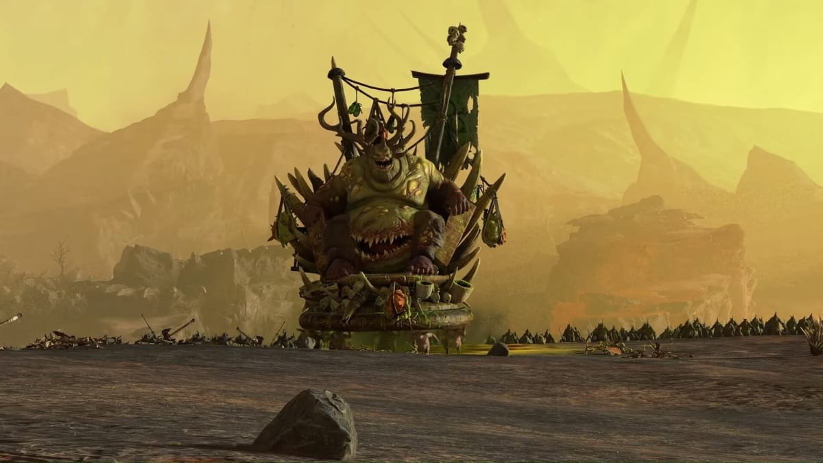 Total War: Warhammer III update 2.3 screenshot a big green lord on a battlefield.