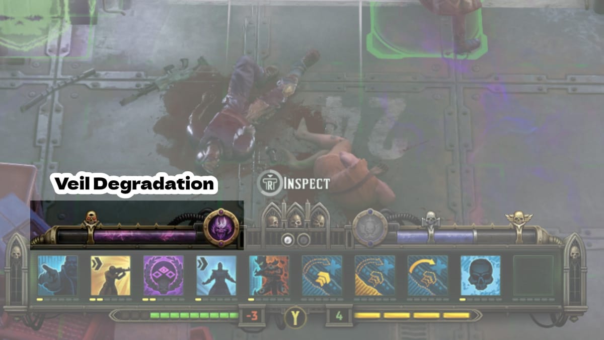 Warhammer 40,000 Rogue Trader Screenshot highlighting a purple meter on the UI annotated as the Veil Degradation meter 
