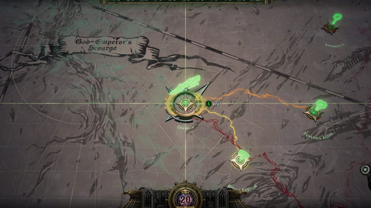 Warhammer 40,000 Rogue Trader Screenshot of a map screen covering in glowing lines and spots 