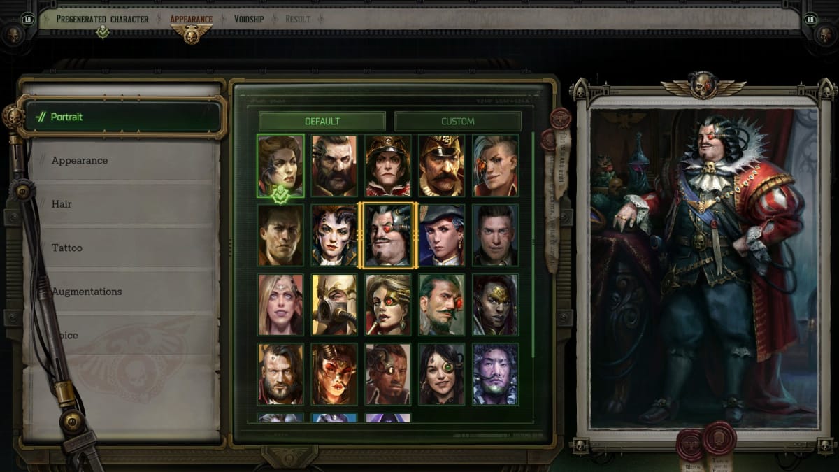 Warhammer 40,000 ROgue Trader SCreenshot showing a character portrait menu with different options for character portraits of sci fi heroes and anti heroes