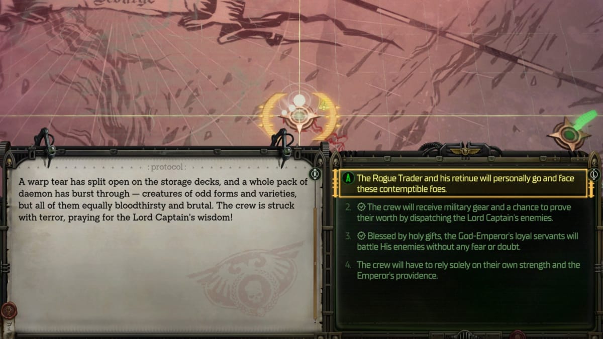 Warhammer 40,000 Rogue Trader screenshot showing a decision screen with a description of the event and the various choices you can make to resolve it