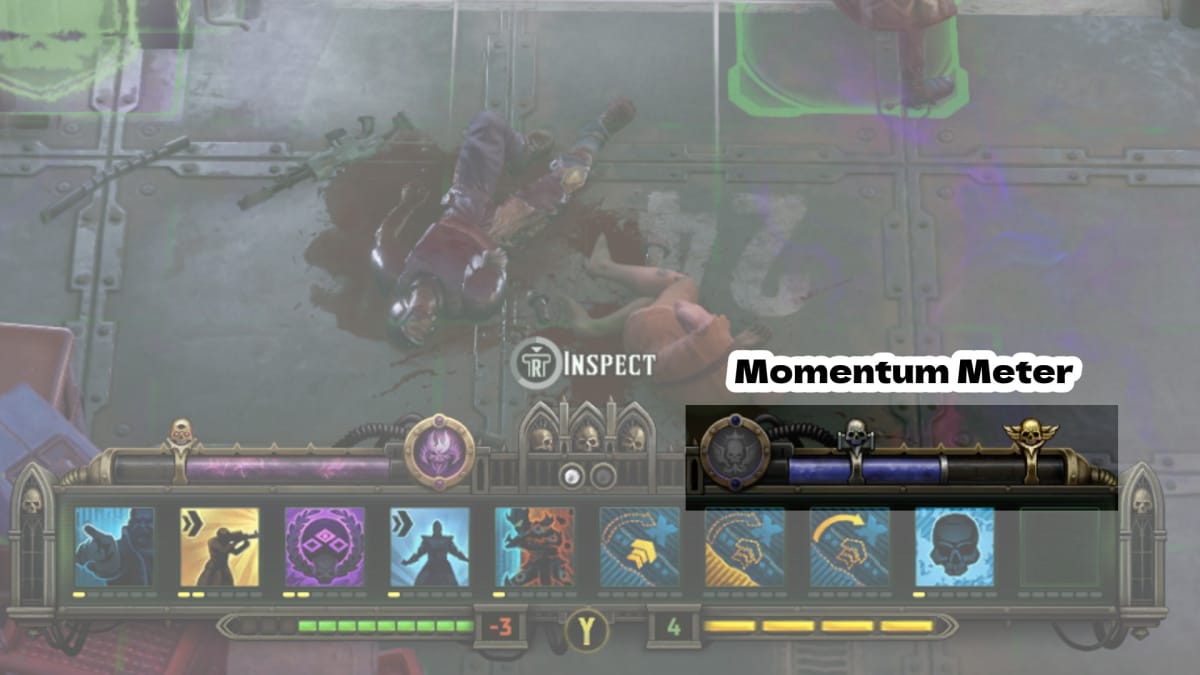 Warhammer 40,000 Rogue Trader Screenshot showing a section highlighting the blue momentum meter that sits above the character UI