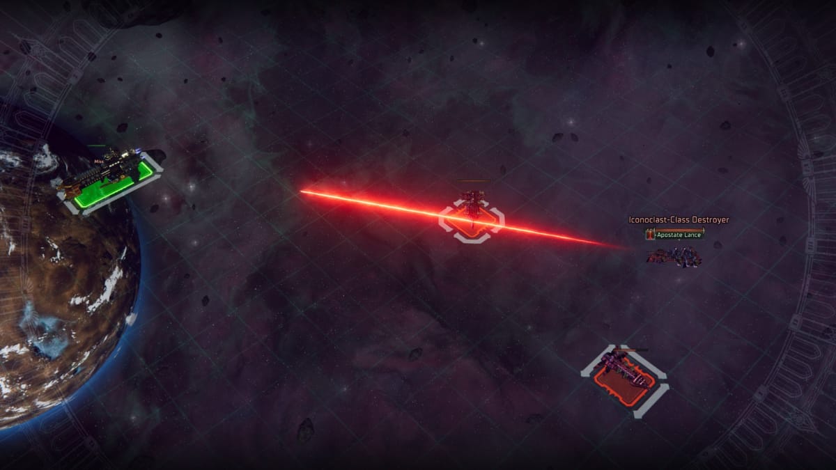 Warhammer 40,000 Rogue Trader Screenshot showing some spaceships blasting lazers at each other across the void
