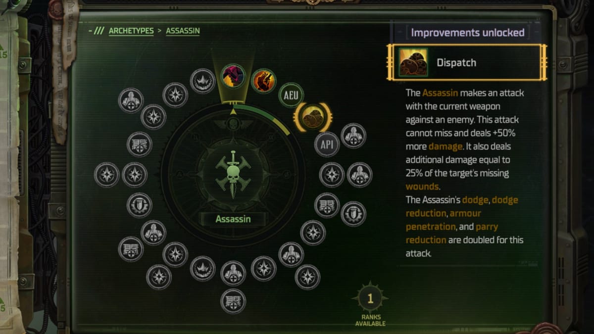 Warhammer 40,000 Rogue Trader screenshot showing the level up menu with a radial of circular nodes covered in symbols on a green backdrop. 