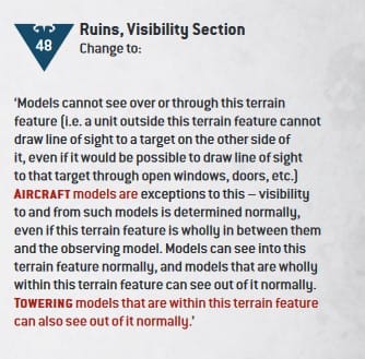 A section of text regarding ruins and cover from the Warhammer 40k 10th Edition Balance Dataslate