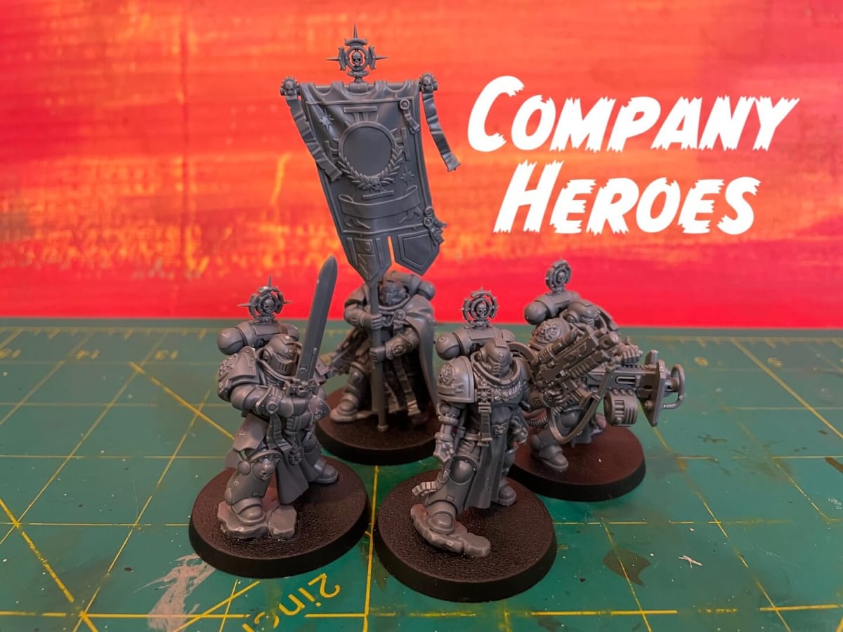 Warhammer 40K Fall 2023 Space Marines - Company Heroes against a red background