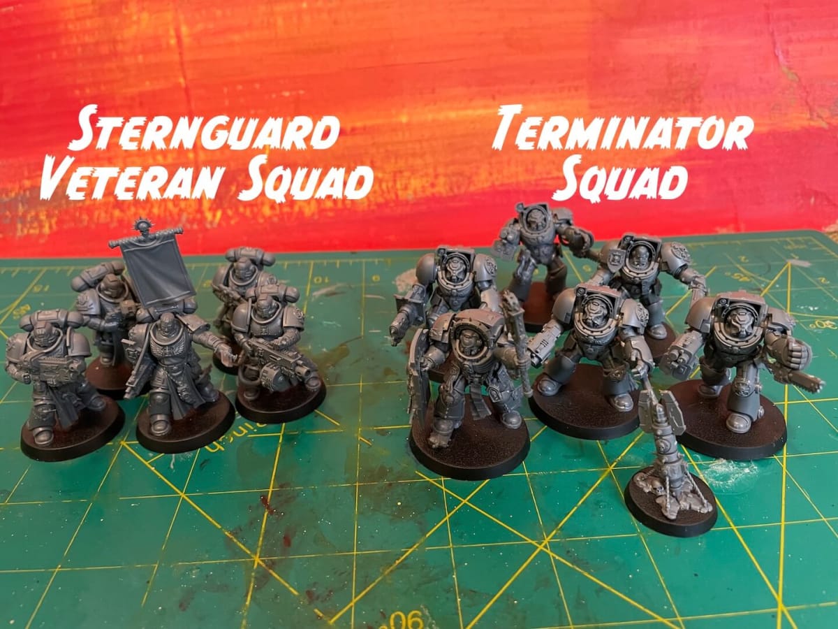 Warhammer 40K Fall 2023 Space Marines - Sterngaurd Veterans and Terminator Squad minis against a red background