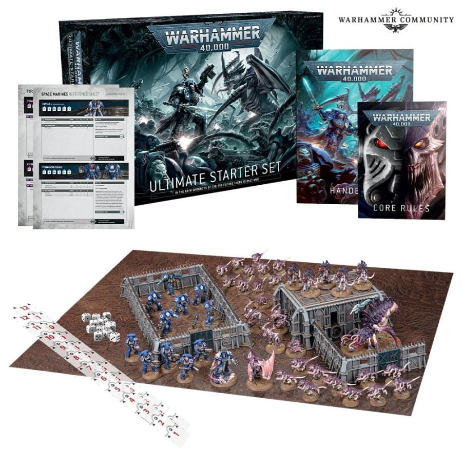 A screenshot of the Warhammer 40k Ultimate Starter Set, its contents displayed on a white background