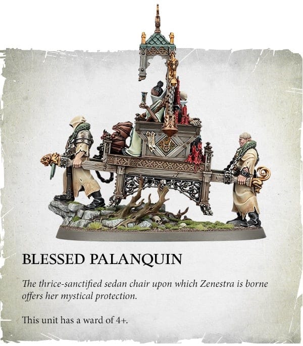 A screenshot of Pontifex Zenestra's palanquin, accompanied by text describing its various blessings and game effects.