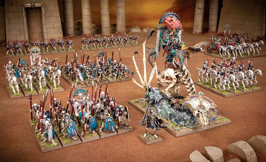 A screenshot of the Tomb Kings miniatures seen in the Warhammer: The Old World core boxes.