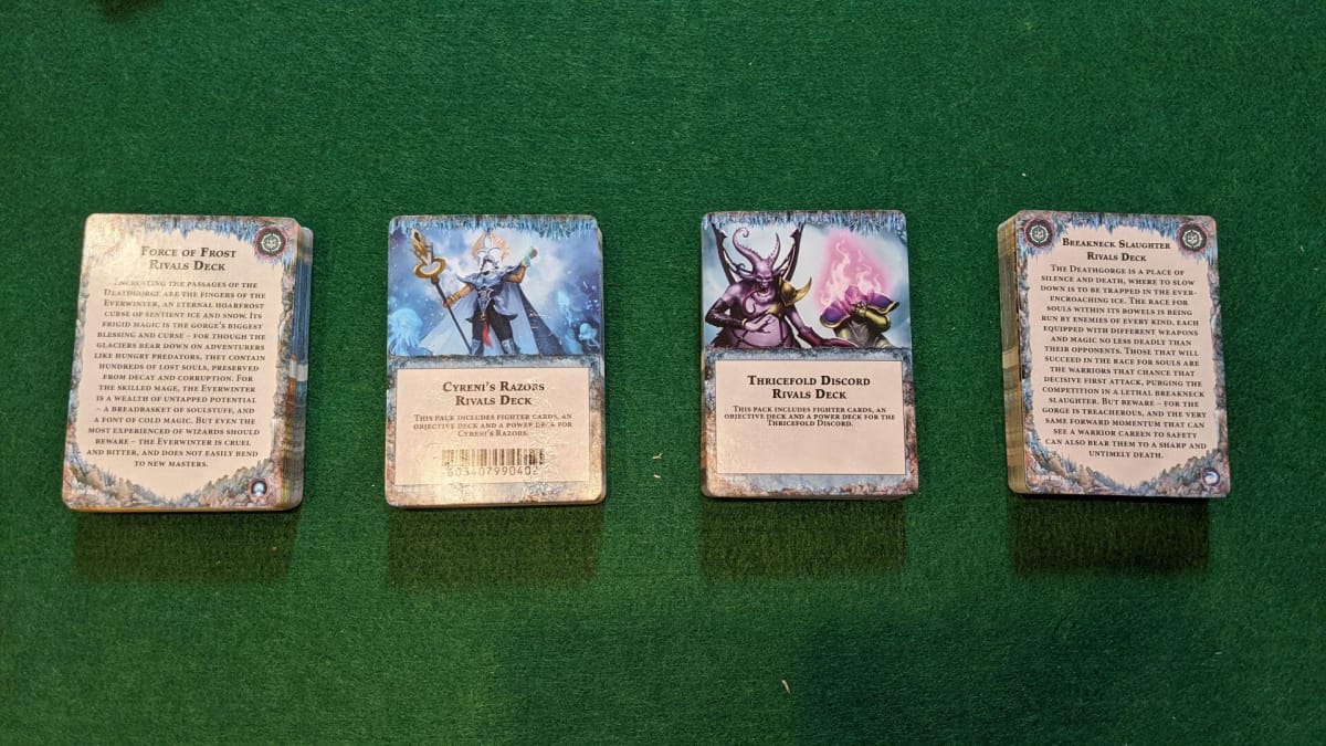 The four decks included in Warhammer Underworlds Deathgorge