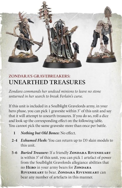 A text excerpt from Warhammer Underworlds Zondara's Gravebreakers warband describing its Unearthed Treasures