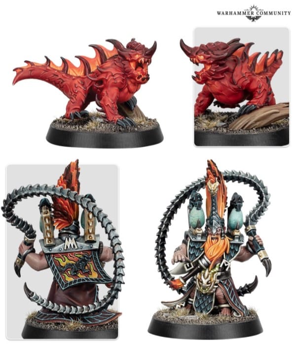 An upclose screenshots of several magmadroth miniatures from the Warhammer Warcry Vulkyn Flameseekers warband