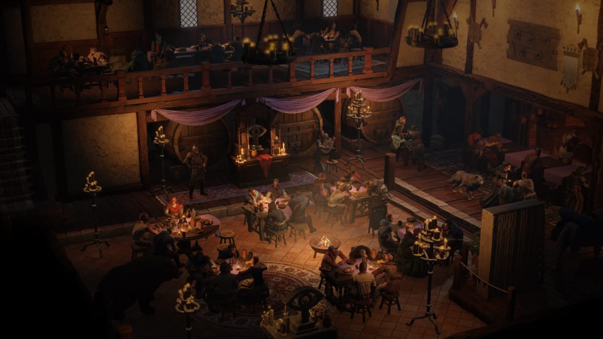 A bustling pub in the new Wartales DLC The Tavern Opens!, which launches on April 18th