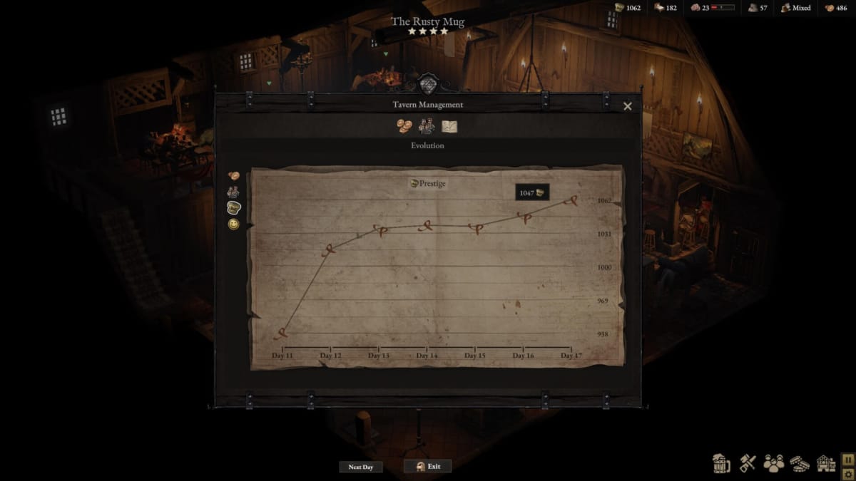 A menu showing prestige gained in the tavern in the new Wartales DLC The Tavern Opens!