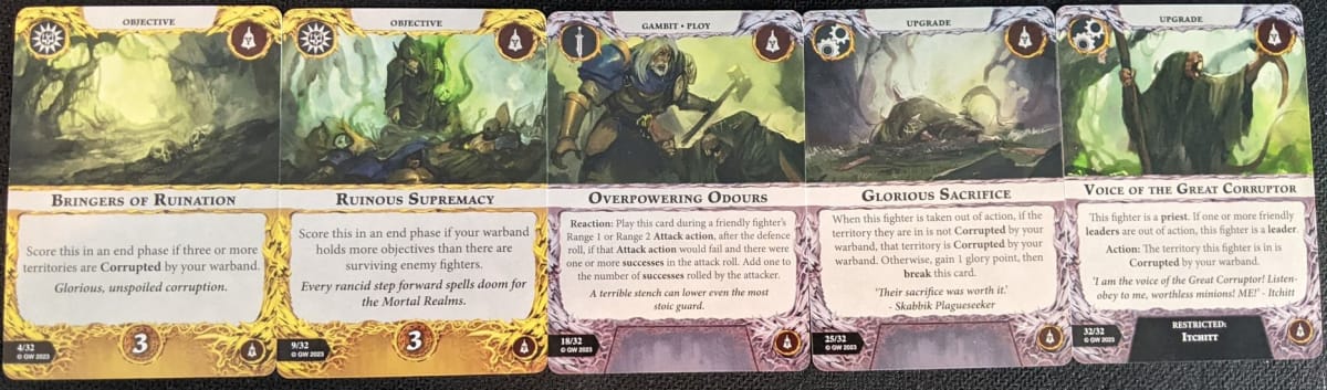 Some of our favorite cards from the Skabbik's Plaguepack Warband in Warhammer Underworlds