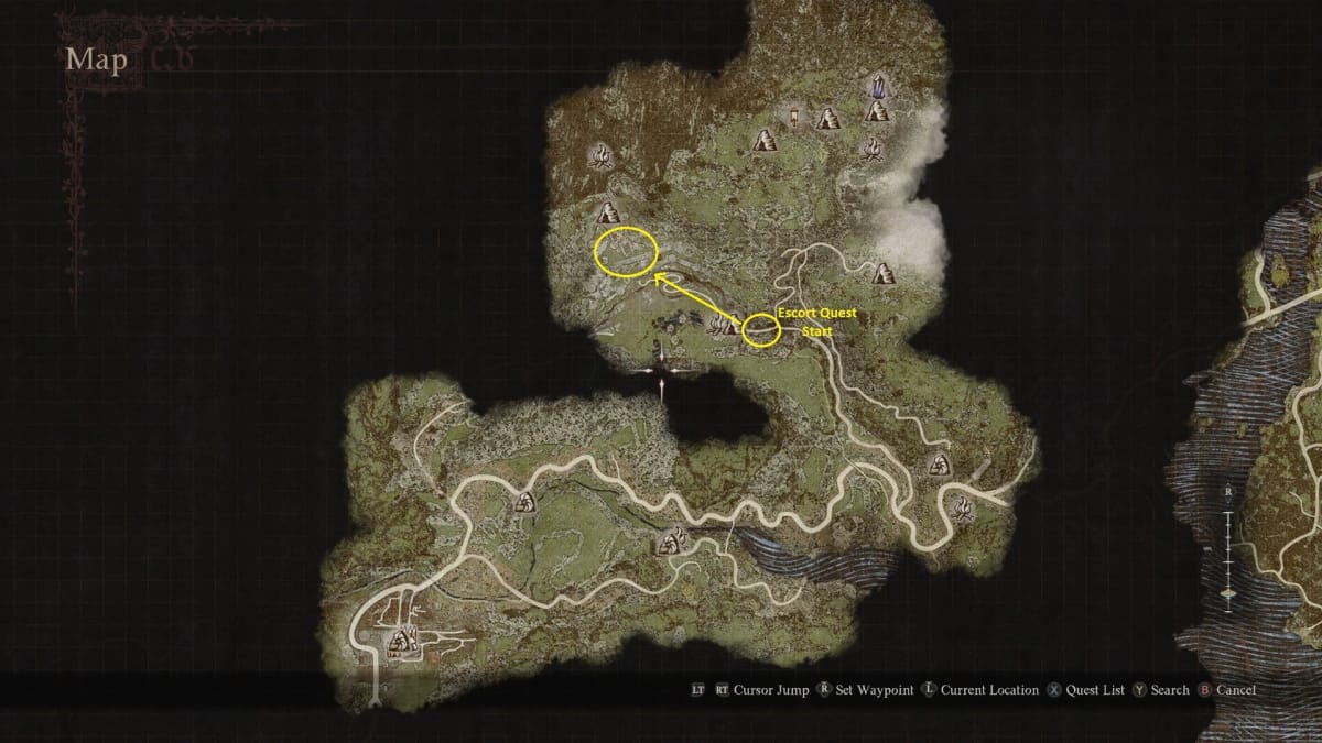 Image of the west side of the Dragon's Dogma 2 Map With Arrows Pointing to two locations that lead you to the Vault Key