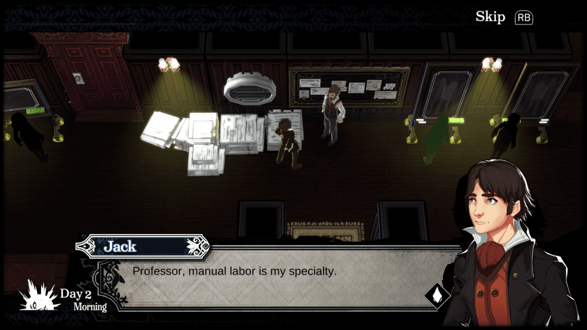 An in-game screenshot of Whitestone, showcasing the main character Jack in conversation with Dr. Clarke over labour.