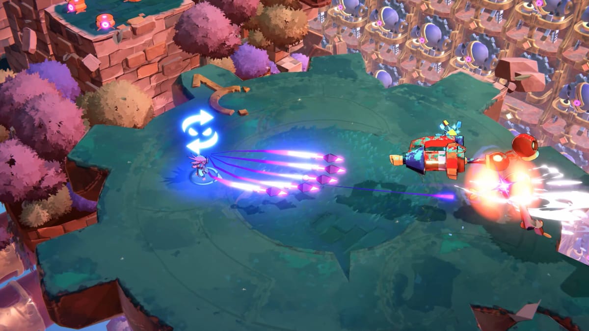 The player firing projectiles at a large enemy in Windblown, the next game from Dead Cells developer Motion Twin