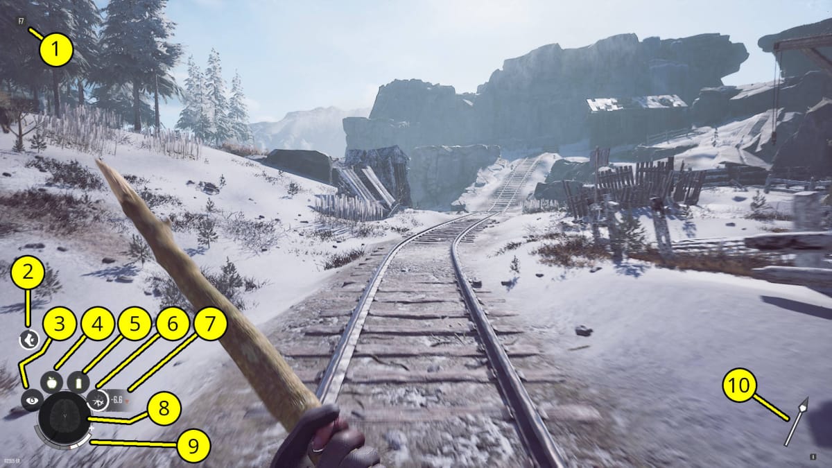 Winter Survival Guide - HUD Explanation Standing on the Train Tracks with a Spear