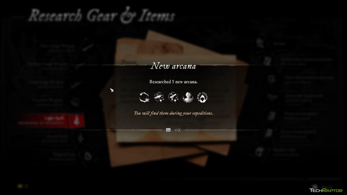 Research completion screen showing new perks that will be added to the pool when you complete challenges in Witchfire