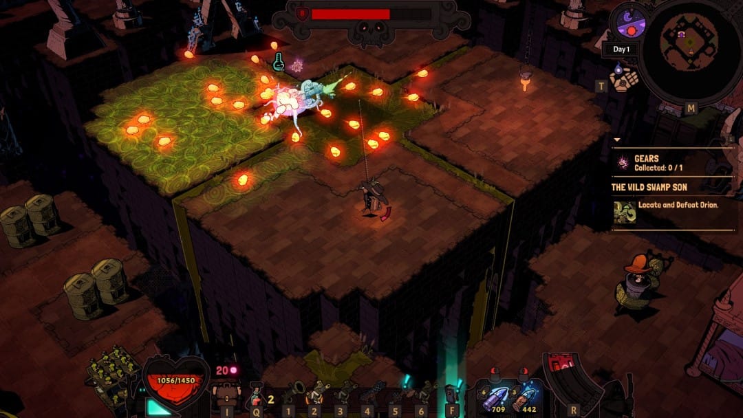A robed wizard fighting a tentacled boss battle, poison rounds are in flight from Wizard With A Gun