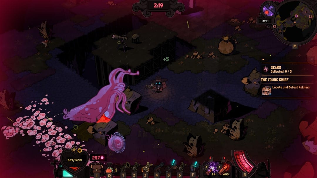 A large pink chaos slug approaching a robed wizard from Wizard With A Gun