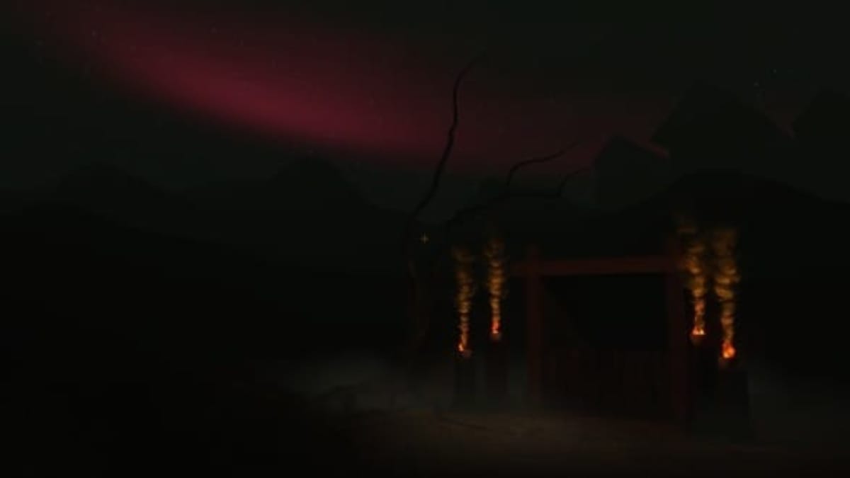 Wooden Floor screenshot showing a dark scene with a building seemingly burning in the backrgound