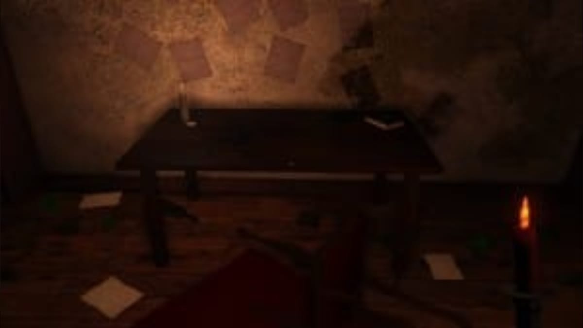 Wooden Floor screenshot showing a poorly lit wooden table near a wall covered in blank pieces of paper while a candle is being held just off camera