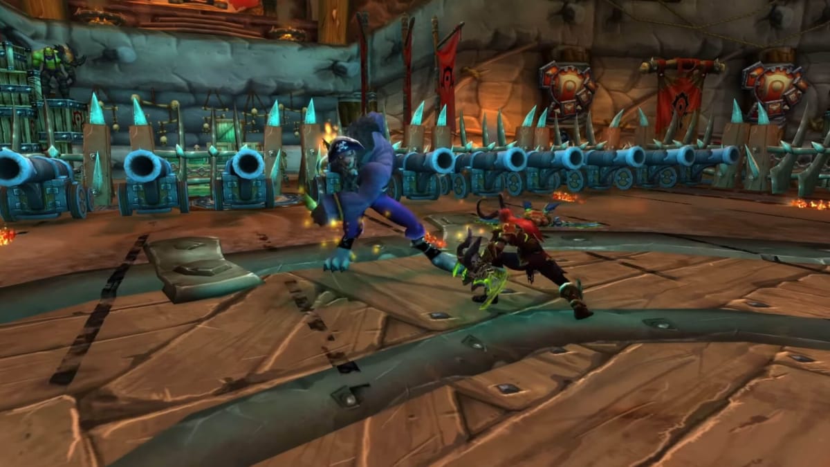 Two characters brawling in an Orcish arena in World of Warcraft