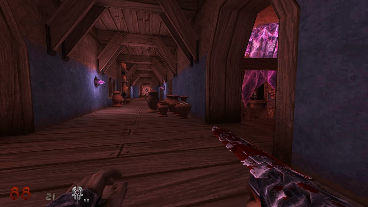 Zrzut ekranu przedstawiający projekt poziomów i długi korytarz w Wrath: Aeon of Ruin.