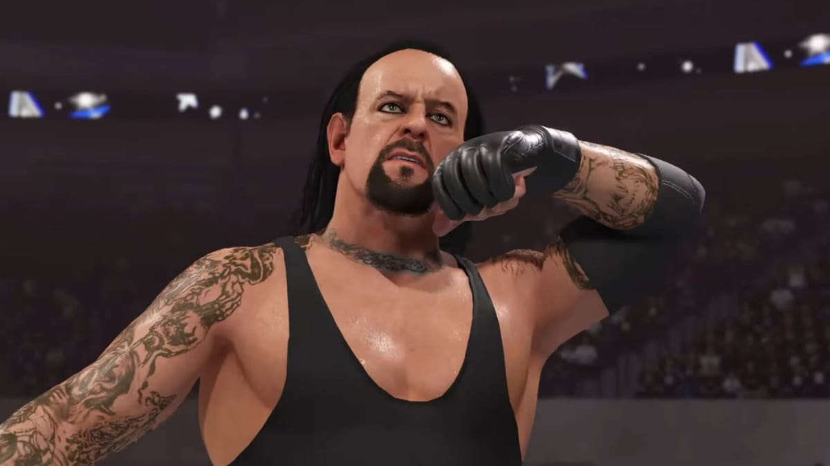 Undertaker making a slit-throat gesture with his hand in WWE 2K24