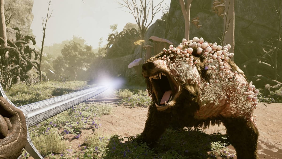 The player threatening a mutated bear with a sword in Avowed, a game that will be shown at the Xbox Developer Direct