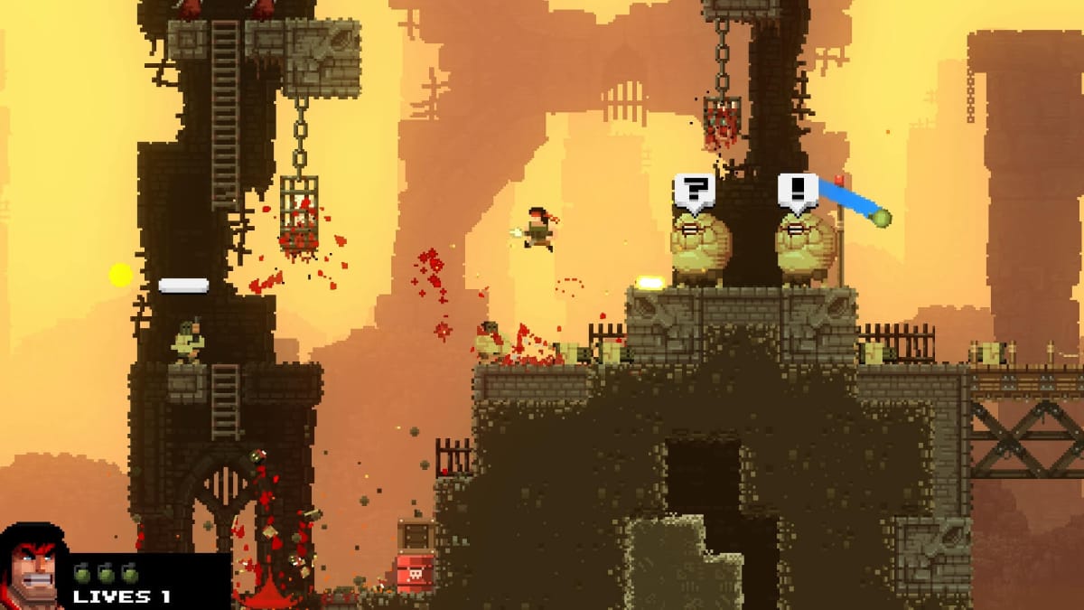 The player leaping and shooting through a level in run-and-gun game Broforce, which is part of the Xbox Game Pass August 2023 wave 1 lineup