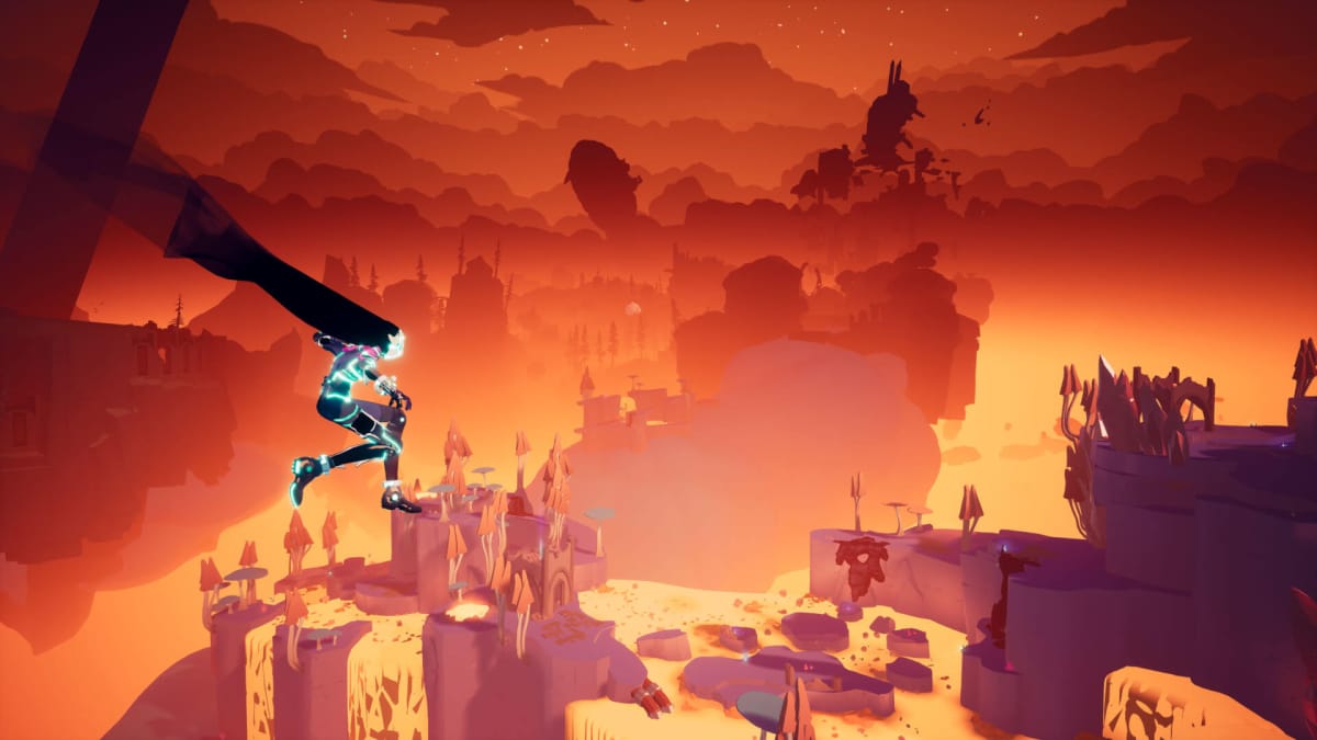 The player leaping across a massive lava chasm in the Xbox Game Pass September 2023 Wave 1 game Solar Ash