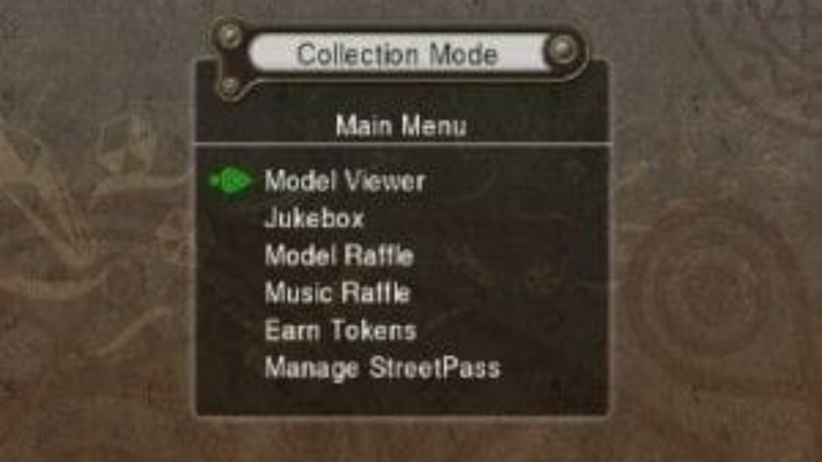 Xenoblade Chronicles 3D screenshot showing a collection mode menu featuring options to view models, listen to in-game music and play with StreetPass