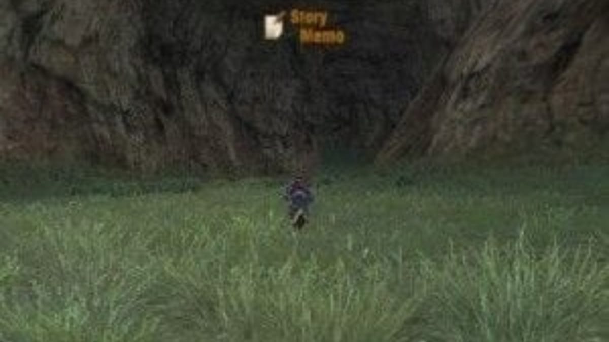 Xenoblade Chronicles 3D screenshot showing an open green meadow leading into a cave with a boy dressed in red running into it