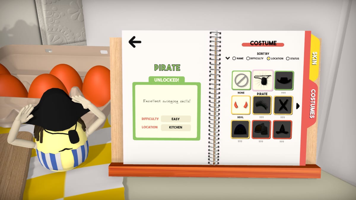 YOLKED collectibles screen, egg on the left in pirate outfit, eye patch, long hair, hat, moustache, stripy blue waistcoat. The collectibles menu is in a book, with has a grid of the costumes, locked and unlocked