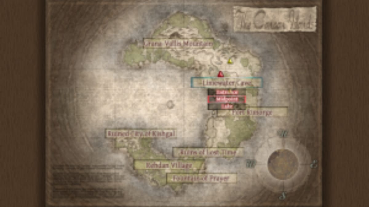 Ys VI The Ark of Napishtim screenshot showing a tea-stained map of a group of fantasy islands arranged in an archapeligo 