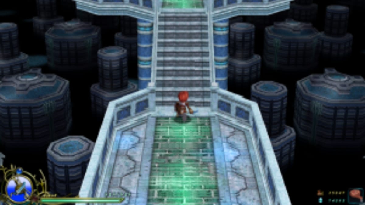 Ys Vi The Ark of Napishtim screenshot showing an isometric dungeon with the red-haired knight standing in the centre of  a raised walkway