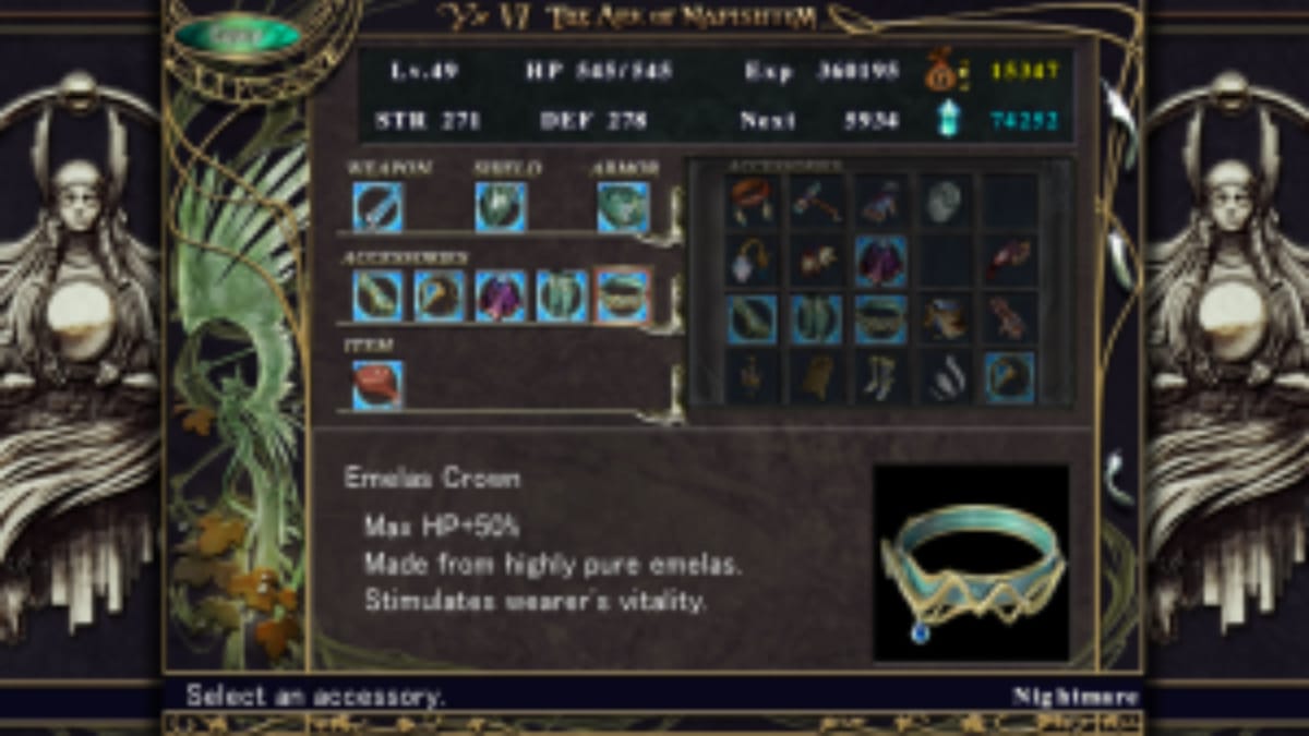 Ys VI The ark of napishtim screenshot showing an old-fashioned menu from an rpg with various intricate details around the border