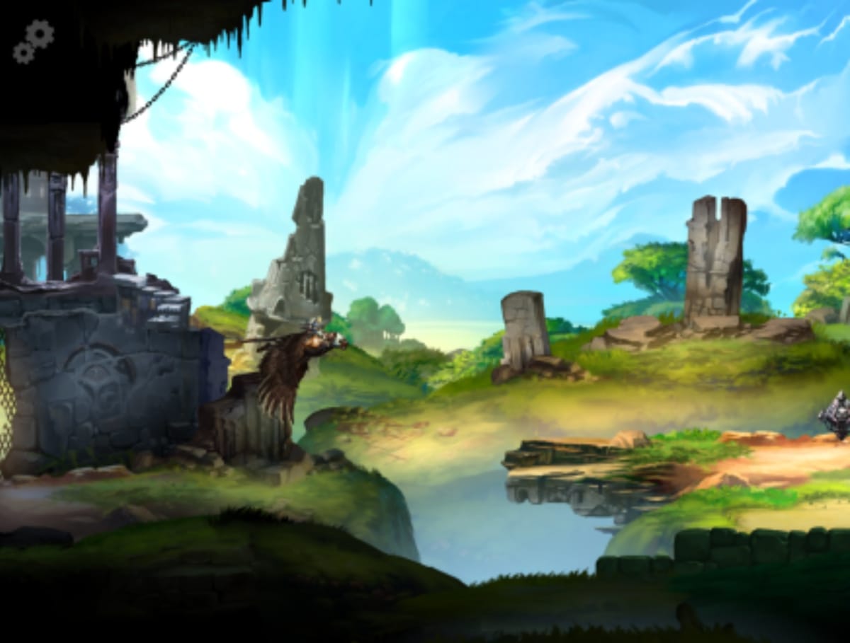 Zodiac Orcanon Odyssey screenshot showing a beautiful natural landscape dotted with various ruins as a character on a bird-like creature flies across the picture