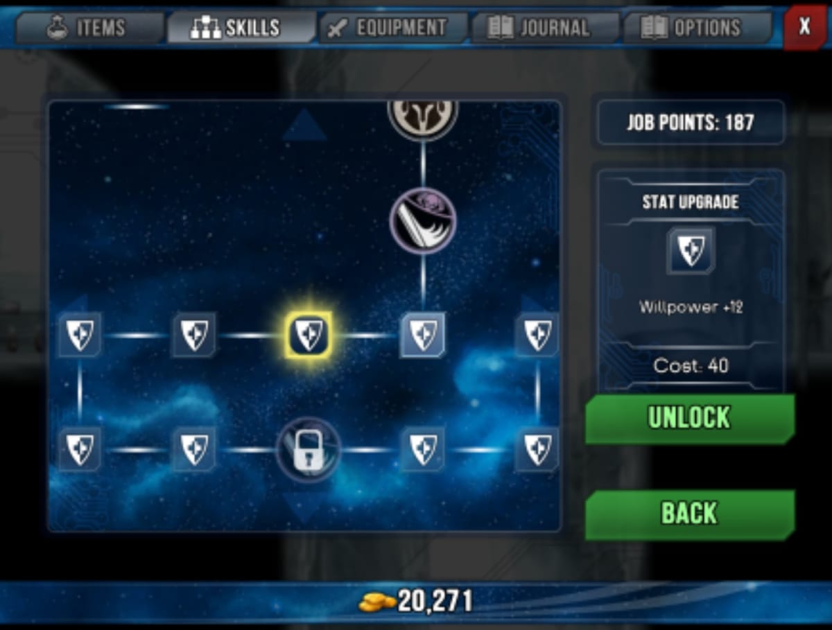 Zodiac Orcanon Odyssey screenshot showing a skill menu with various shield and attack symbols displayed on a deep blue grid with a starry background