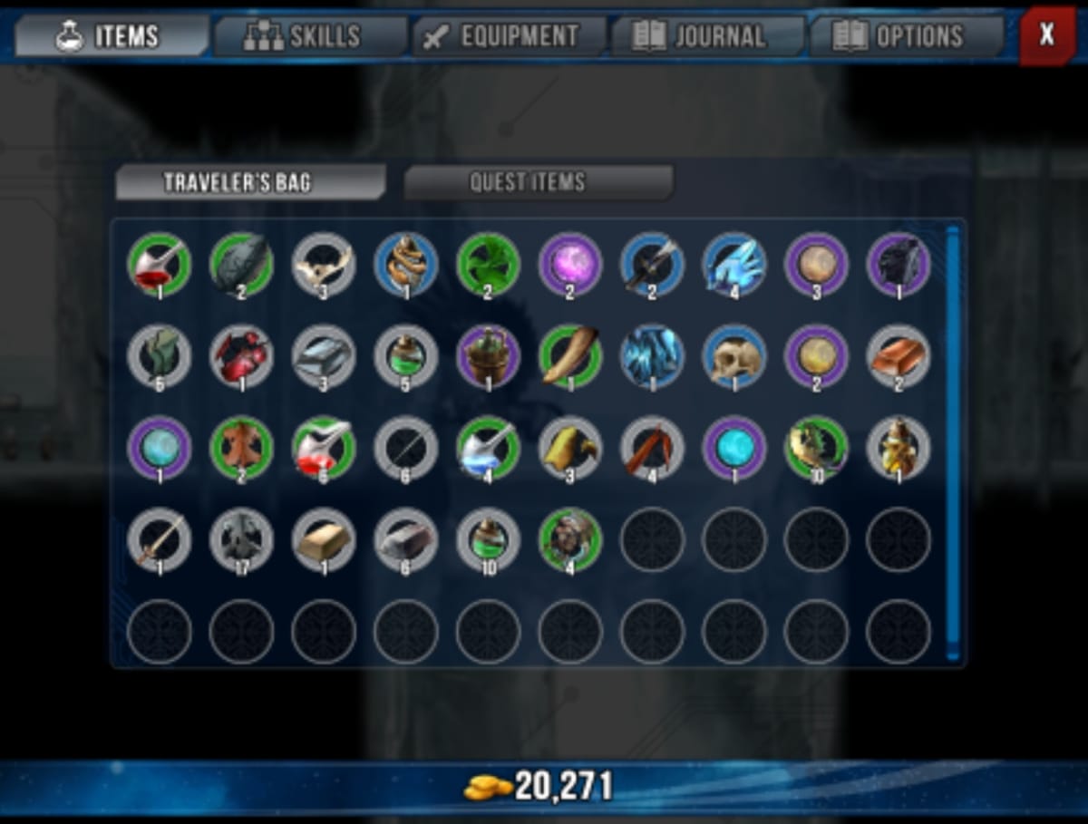 Zodiac Orcanon Odyssey screenshot showing an item menu filled with various brightly colored symbols representing various different items
