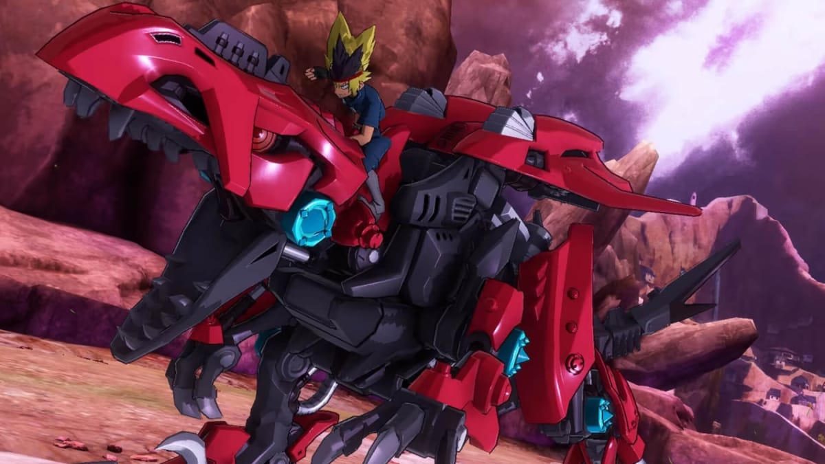 A character riding a giant red Zoid in Zoids Wild Blast Unleashed