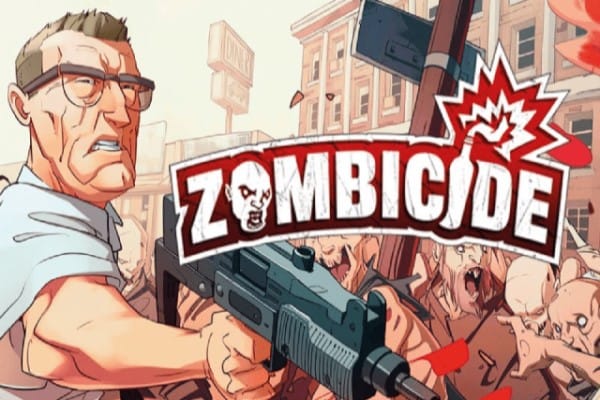 A promotional image of the game Zombicide, featuring a man in business attire loading a gun, a wave of zombies approaching behind him.