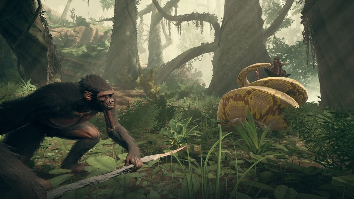 A primate faces off against a snake in Ancestors: The Humankind Odyssey