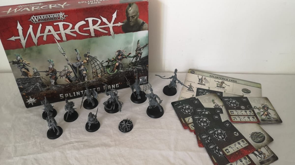 Photo showing a box for the game WarCry arranged on a table with various miniatures set out on the table in front of it. 
