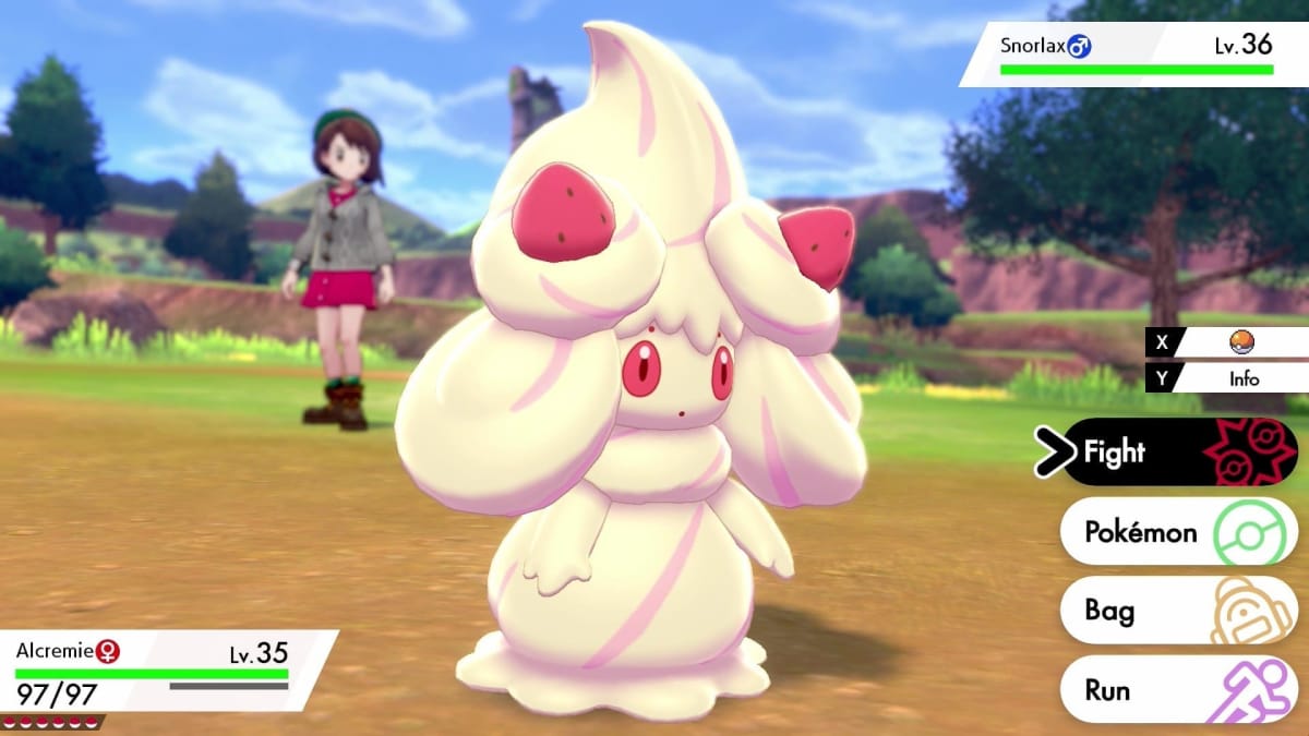 pokemon sword and shield screenshot showing a white, cream-based pokemon called Alcreamie. 